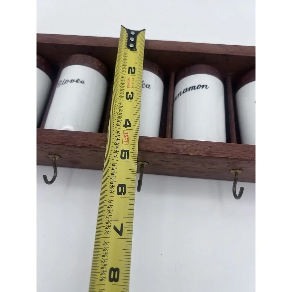 Vintage MCM Danish Modern‎ Wood and Porcelain Spice Rack